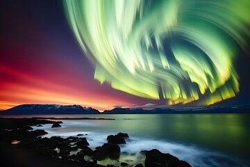 Aurora Borealis (Northern Lights), polar lights realistic 2D Illustration on night sky background.
