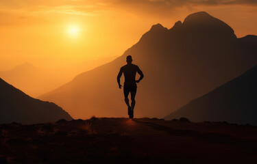 A man is running on a mountain trail at sunset