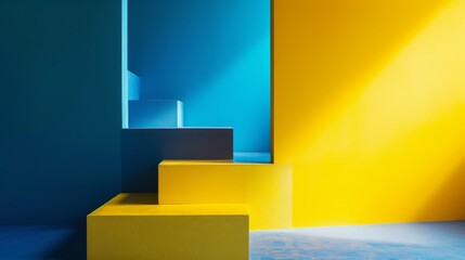 Minimalist abstract background, primitive geometrical figures, blue and yellow colors