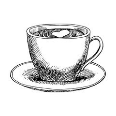Cappuccino cup with plate, hand drawn sketch, vector illustration 