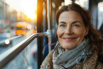 Portrait of a happy smiling woman in his 40s 50s traveling by bus