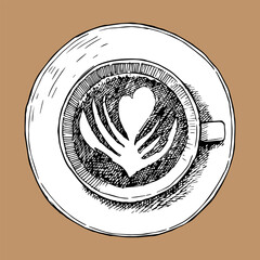 Cappuccino cup with painting and plate, hand drawn sketch, vector illustration  - 754972826