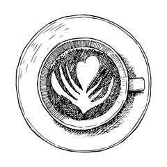 Cappuccino cup with painting and plate, hand drawn sketch, vector illustration  - 754972833
