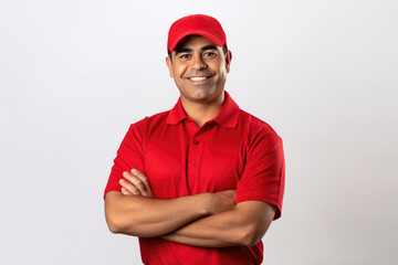 A man in a red shirt and hat is smiling and posing for a picture