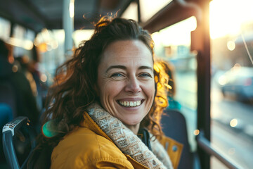 Portrait of a happy smiling woman in his 40s 50s traveling by bus