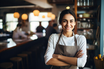 A woman wearing an apron stands in front of a bar with a smile on her face - Powered by Adobe