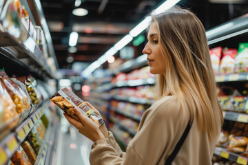 Woman choosing products in a grocery store, looking in details at the packaging