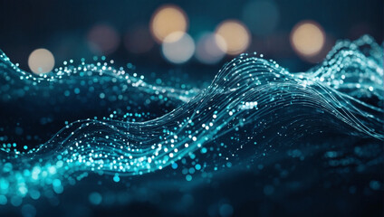 Futuristic tech waves with blue tones, accentuated by teal bokeh lights.