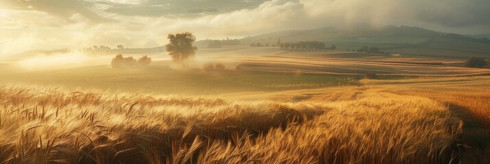 Golden wheat field under a sunlit sky - Expansive landscape of a golden wheat field bathed in the warm, golden light of the setting sun - obrazy, fototapety, plakaty