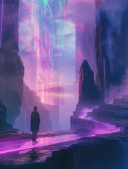 Schilderijen op glas Futuristic neon landscape with figure - A mysterious figure stands before a glowing neon cityscape under a surreal purple sky © Mickey