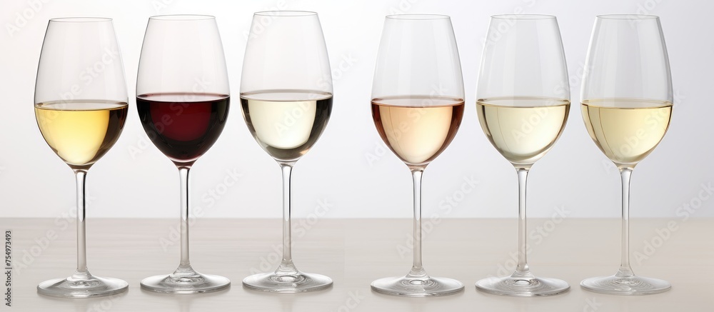 Poster an elegant display of various alcoholic beverages in stemware drinkware, showcasing different types 