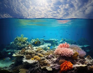 Naklejka na ściany i meble underwater oceanic reefs under clear blue skies