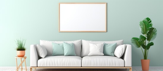 A modern living room featuring a white couch against green walls, complemented by a mockup photo frame. The room is decorated in a minimal style with luxury furniture and a houseplant in a pot.