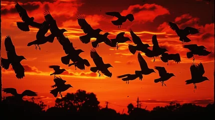 Draagtas a flock of birds flying in front of a red and yellow sky with clouds in the background and trees in the foreground. © Anna