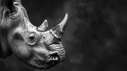 Rolgordijnen Highly alerted rhinoceros monochrome portrait © Soomro