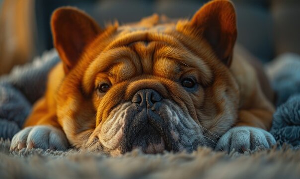Close-up of a bulldog's face with soulful eyes, resting on a cozy, textured blanket, exuding a feeling of contentment and ease.