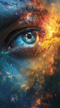 A strikingly detailed image of a human eye merged with a vivid cosmic scene, evoking a fiery nebula in space.