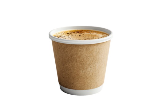 White cup filled with a hot coffee drink, possibly a cappuccino or latte, isolated on a background