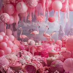 A whimsical setting with pink tones, flamingos, and an assortment of desserts in a fantasy arrangement. Baby shower. - obrazy, fototapety, plakaty