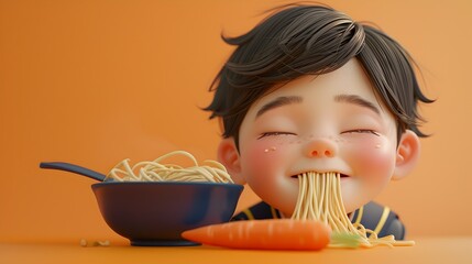 Chubby Child in School Uniform Enjoying Noodles with Carrot on Soft Gradient Table - obrazy, fototapety, plakaty