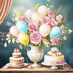 풍선, 꽃다발, 케이크 장식