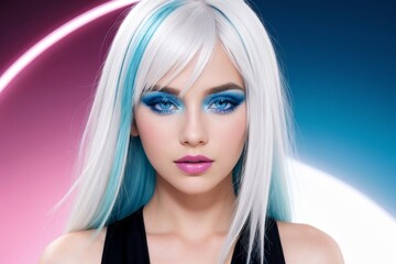 Fototapeta premium Professional model, blue-eyed, with vibrant makeup, healthy skin and bright white hair, looks at the camera, colorful background, cosmetic concept