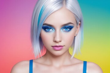 Professional model, blue-eyed, with vibrant makeup, healthy skin and bright white hair, looks at the camera, colorful background, cosmetic concept