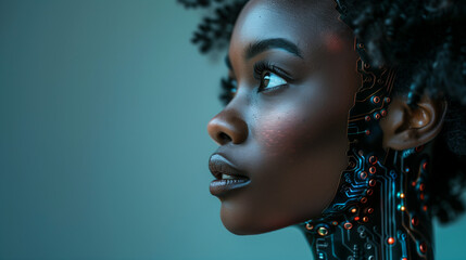 Side profile of an african american ai robot cyborg. Humanised robotic artificial intelligence concept