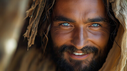 An expressive portrait of the life of the face of Jesus Christ smiling and looking at the camera