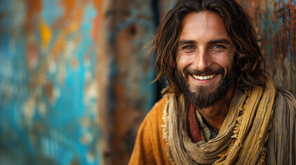An expressive portrait of the life of the face of Jesus Christ smiling and looking at the camera