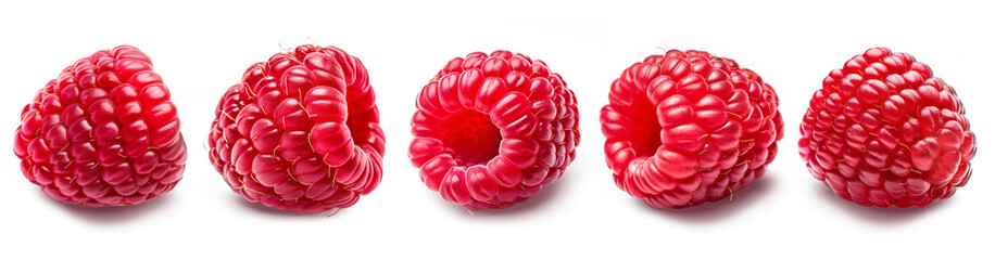 Set of five ripe raspberries isolated on a transparent background.