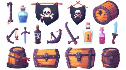 Icon for pirate games, cartoon modern set of wooden chest and black flag with skull, weapon and metalic hook, bottle with rum and barrel, isolated illustrations for interfaces. - obrazy, fototapety, plakaty