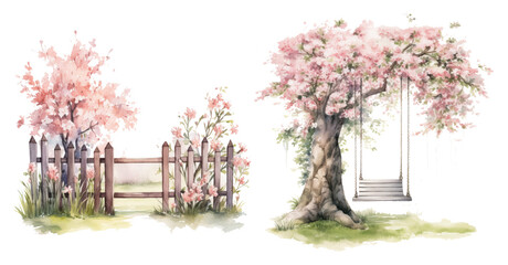 Blooming pink trees by a wooden fence and swing