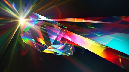 A 3D modern illustration with a 3D rainbow effect on a dark background. Prism crystal light refraction. Glass, jewelry, or gem stones blurred reflection glare with optical physics effect.