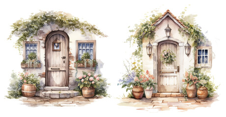 Welcoming watercolor doorways surrounded by flowers