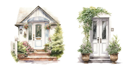 Fototapeta na wymiar Cozy watercolor homes with front door flower decor