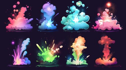 Colorful clouds, smoke, and fumes accompany the explosion of a game bomb. Fire blasts, weapon shots in the air, and elemental spells in purple, green, blue, and red. Modern cartoon set.