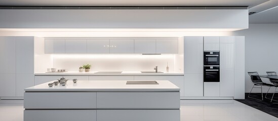 A spacious modern white kitchen featuring a sleek sink and stove. The minimalist design and ample space make it a functional and stylish cooking area.