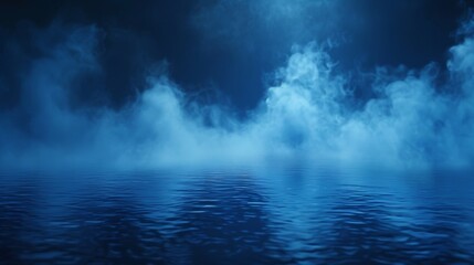 The picture shows smoke, magic haze clouds, blue glowing steam in a nightclub perspective view. The background shows fog or mist spreading over dark water surface. Mysterious natural phenomenon. The