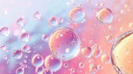 The three-dimensional realistic modern illustration depicts serum, gel or collagen drops. Beauty product, moisture and skincare colorful bubbles. A scatter of liquid splashes scatters throughout the