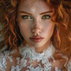 A close-up portrait of a redhead with captivating green eyes and a serene, but intense look.