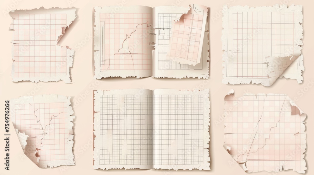 Aufkleber paper sheets with ripped edges, striped pattern and square grid. old notepad and copybook pages, mod