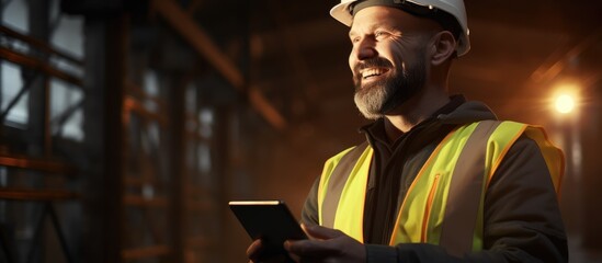 A man with a beard and hard hat is using his cell phone at an event. The darkness is contrasted by...