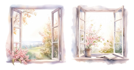Open Window with Countryside View Watercolor