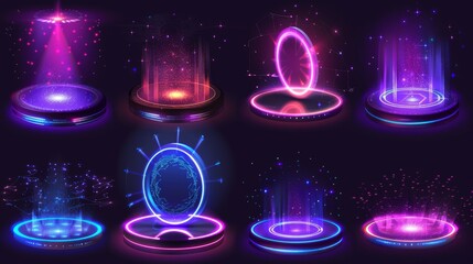 An imaginary environment with futuristic digital portals, glowing neon lights and holograms. Magic circle and square podiums, color beams and sparkles on a teleport platform, modern realistic set.