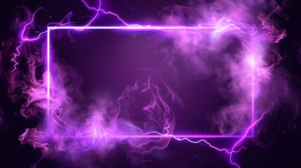Isolated on transparent background, empty frame decorated with neon purple toxic smoke and lightning discharges. Realistic modern illustration of rectangle glowing in darkness.
