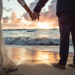 A couple in wedding attire holding hands on a sandy beach, the sunset creating a romantic atmosphere.