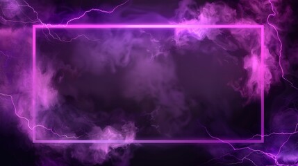 In the dark, neon purple toxic smoke and lightning discharges decorate the frame. Realistic modern illustration of rectangular border glowing in the dark.