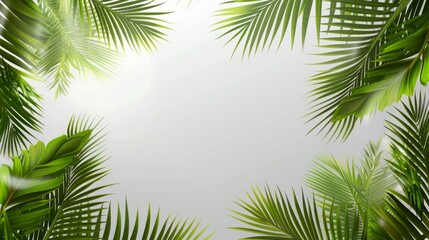 A tropical frame with green palm leaves is set on a transparent background. Modern illustration showing coconut palm foliage bordering a summer banner template.