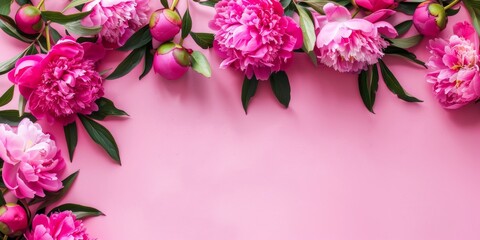 Vibrant pink peonies arranged neatly on a monochromatic backdrop. Floral border of pink peonies for romantic occasions on a pink canvas.